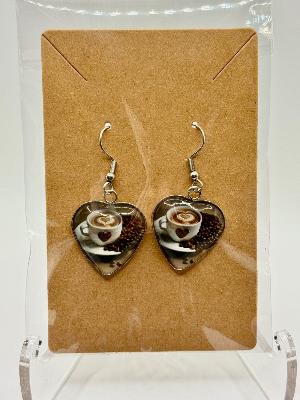 Heart Coffee Cup Dangle Earrings in Brown